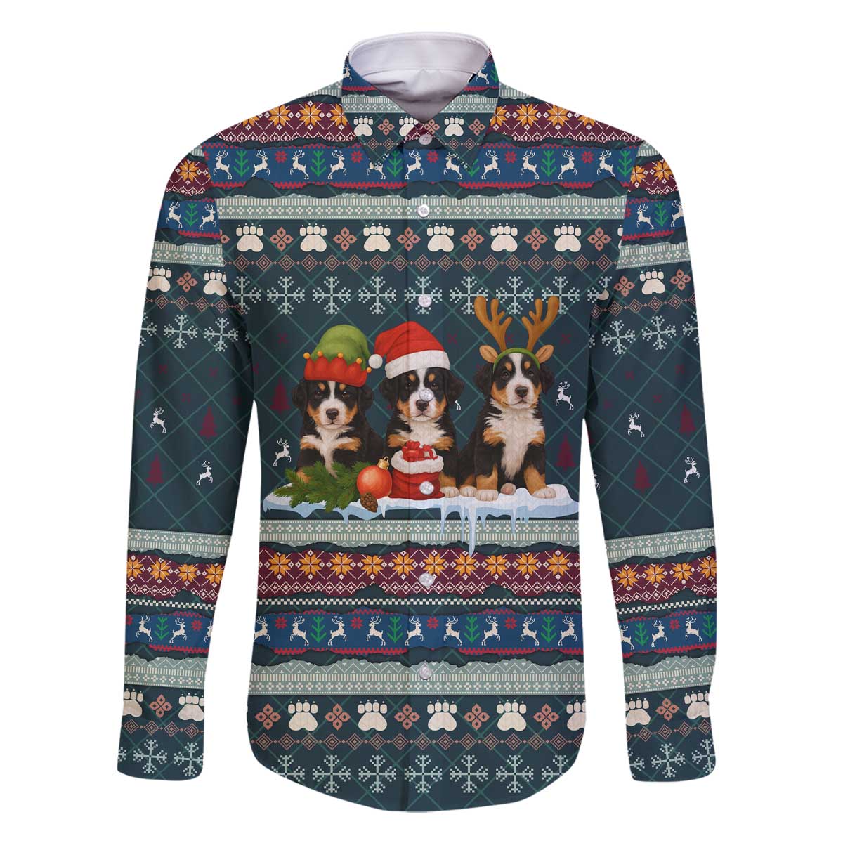 Bernese Mountain Dogs in Holiday Costumes Family Matching Off The Shoulder Long Sleeve Dress and Hawaiian Shirt with Green Snowflake Pattern Design - Wonder Print Shop