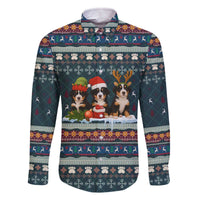 Bernese Mountain Dogs in Holiday Costumes Family Matching Off The Shoulder Long Sleeve Dress and Hawaiian Shirt with Green Snowflake Pattern Design - Wonder Print Shop