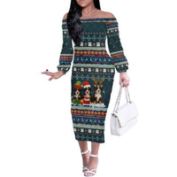 Bernese Mountain Dogs in Holiday Costumes Family Matching Off The Shoulder Long Sleeve Dress and Hawaiian Shirt with Green Snowflake Pattern Design - Wonder Print Shop