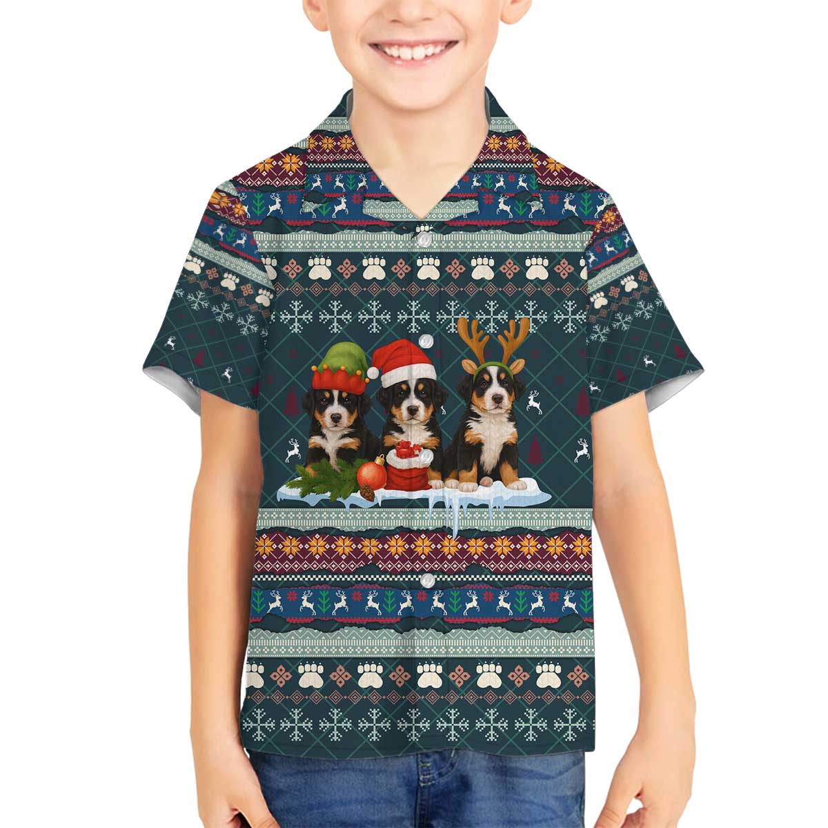 Bernese Mountain Dogs in Holiday Costumes Family Matching Off The Shoulder Long Sleeve Dress and Hawaiian Shirt with Green Snowflake Pattern Design - Wonder Print Shop