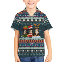 Bernese Mountain Dogs in Holiday Costumes Family Matching Off The Shoulder Long Sleeve Dress and Hawaiian Shirt with Green Snowflake Pattern Design - Wonder Print Shop