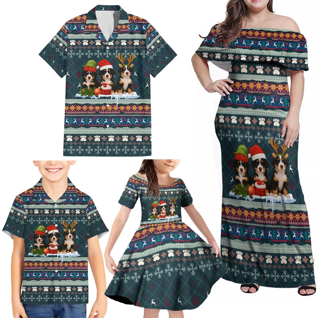 Bernese Mountain Dogs in Holiday Costumes Family Matching Off Shoulder Maxi Dress and Hawaiian Shirt with Green Snowflake Pattern Design - Wonder Print Shop