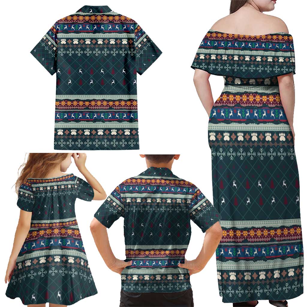 Bernese Mountain Dogs in Holiday Costumes Family Matching Off Shoulder Maxi Dress and Hawaiian Shirt with Green Snowflake Pattern Design - Wonder Print Shop