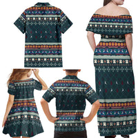 Bernese Mountain Dogs in Holiday Costumes Family Matching Off Shoulder Maxi Dress and Hawaiian Shirt with Green Snowflake Pattern Design - Wonder Print Shop