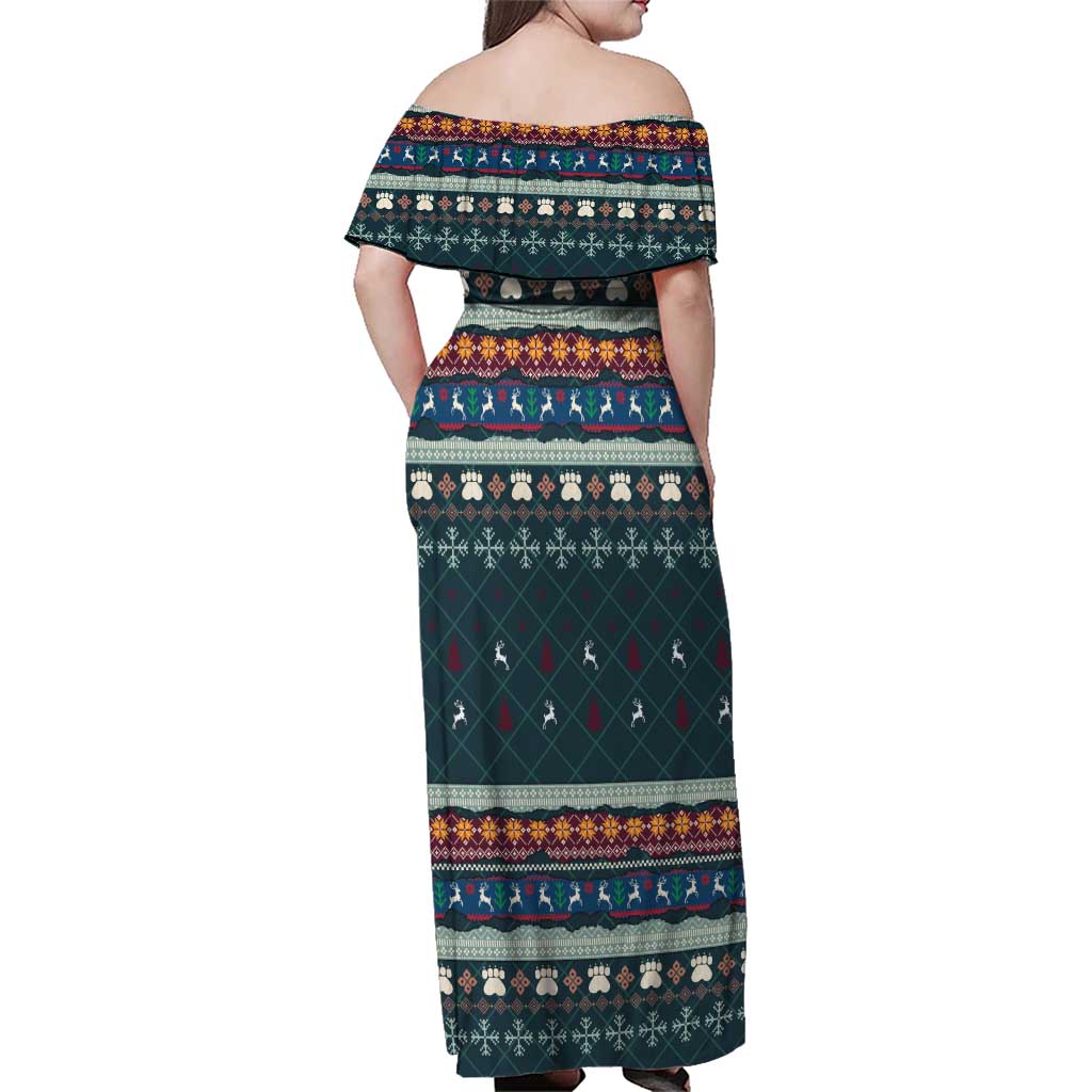 Bernese Mountain Dogs in Holiday Costumes Family Matching Off Shoulder Maxi Dress and Hawaiian Shirt with Green Snowflake Pattern Design - Wonder Print Shop
