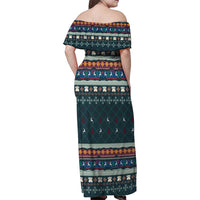 Bernese Mountain Dogs in Holiday Costumes Family Matching Off Shoulder Maxi Dress and Hawaiian Shirt with Green Snowflake Pattern Design - Wonder Print Shop