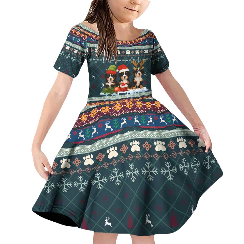 Bernese Mountain Dogs in Holiday Costumes Family Matching Off Shoulder Short Dress and Hawaiian Shirt with Green Snowflake Pattern Design - Wonder Print Shop