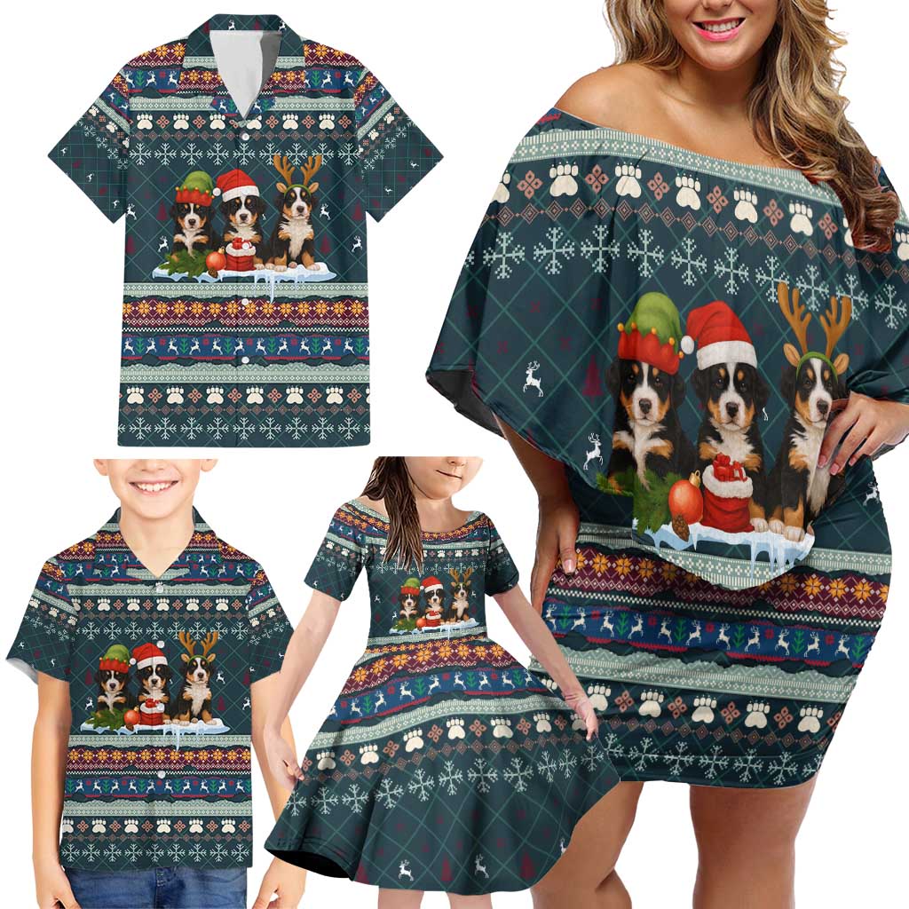 Bernese Mountain Dogs in Holiday Costumes Family Matching Off Shoulder Short Dress and Hawaiian Shirt with Green Snowflake Pattern Design - Wonder Print Shop