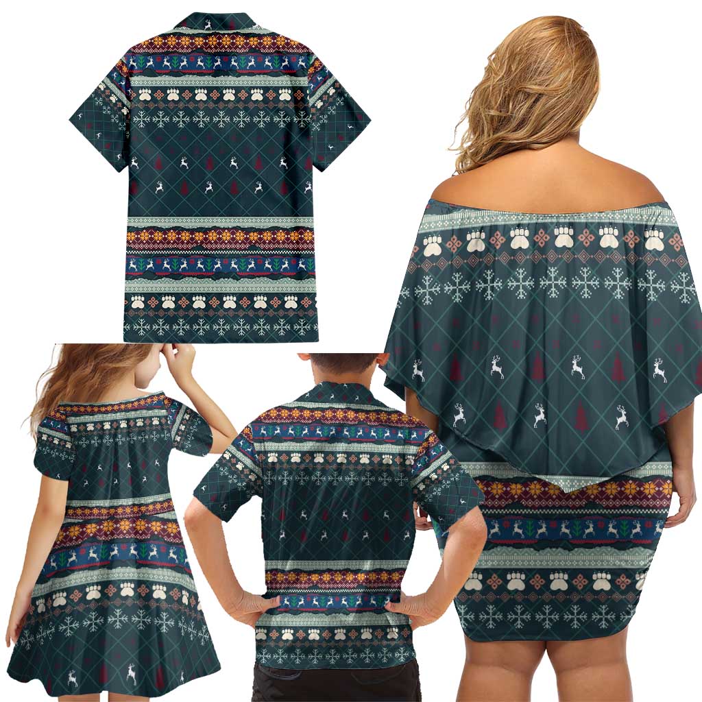 Bernese Mountain Dogs in Holiday Costumes Family Matching Off Shoulder Short Dress and Hawaiian Shirt with Green Snowflake Pattern Design - Wonder Print Shop