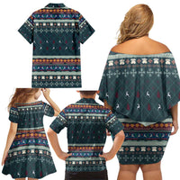 Bernese Mountain Dogs in Holiday Costumes Family Matching Off Shoulder Short Dress and Hawaiian Shirt with Green Snowflake Pattern Design - Wonder Print Shop