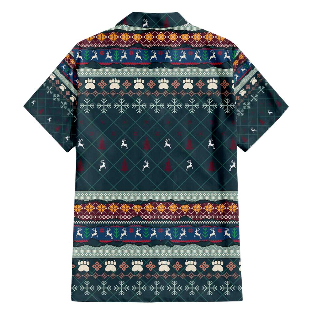 Bernese Mountain Dogs in Holiday Costumes Family Matching Off Shoulder Short Dress and Hawaiian Shirt with Green Snowflake Pattern Design - Wonder Print Shop