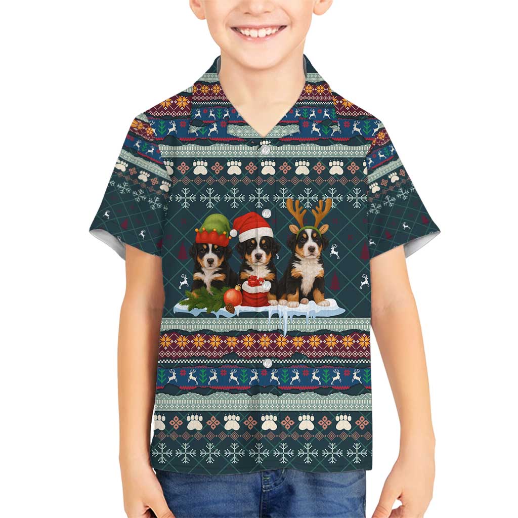 Bernese Mountain Dogs in Holiday Costumes Family Matching Off Shoulder Short Dress and Hawaiian Shirt with Green Snowflake Pattern Design - Wonder Print Shop