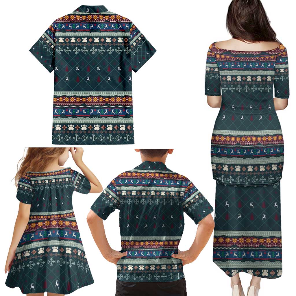 Bernese Mountain Dogs in Holiday Costumes Family Matching Puletasi and Hawaiian Shirt with Green Snowflake Pattern Design - Wonder Print Shop