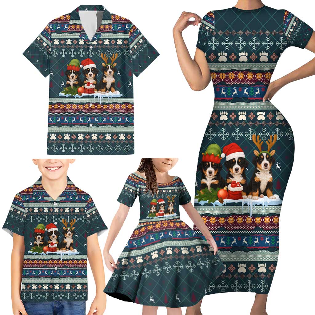 Bernese Mountain Dogs in Holiday Costumes Family Matching Short Sleeve Bodycon Dress and Hawaiian Shirt with Green Snowflake Pattern Design - Wonder Print Shop