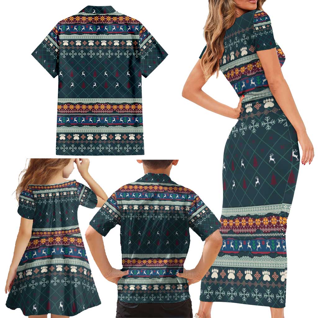 Bernese Mountain Dogs in Holiday Costumes Family Matching Short Sleeve Bodycon Dress and Hawaiian Shirt with Green Snowflake Pattern Design - Wonder Print Shop