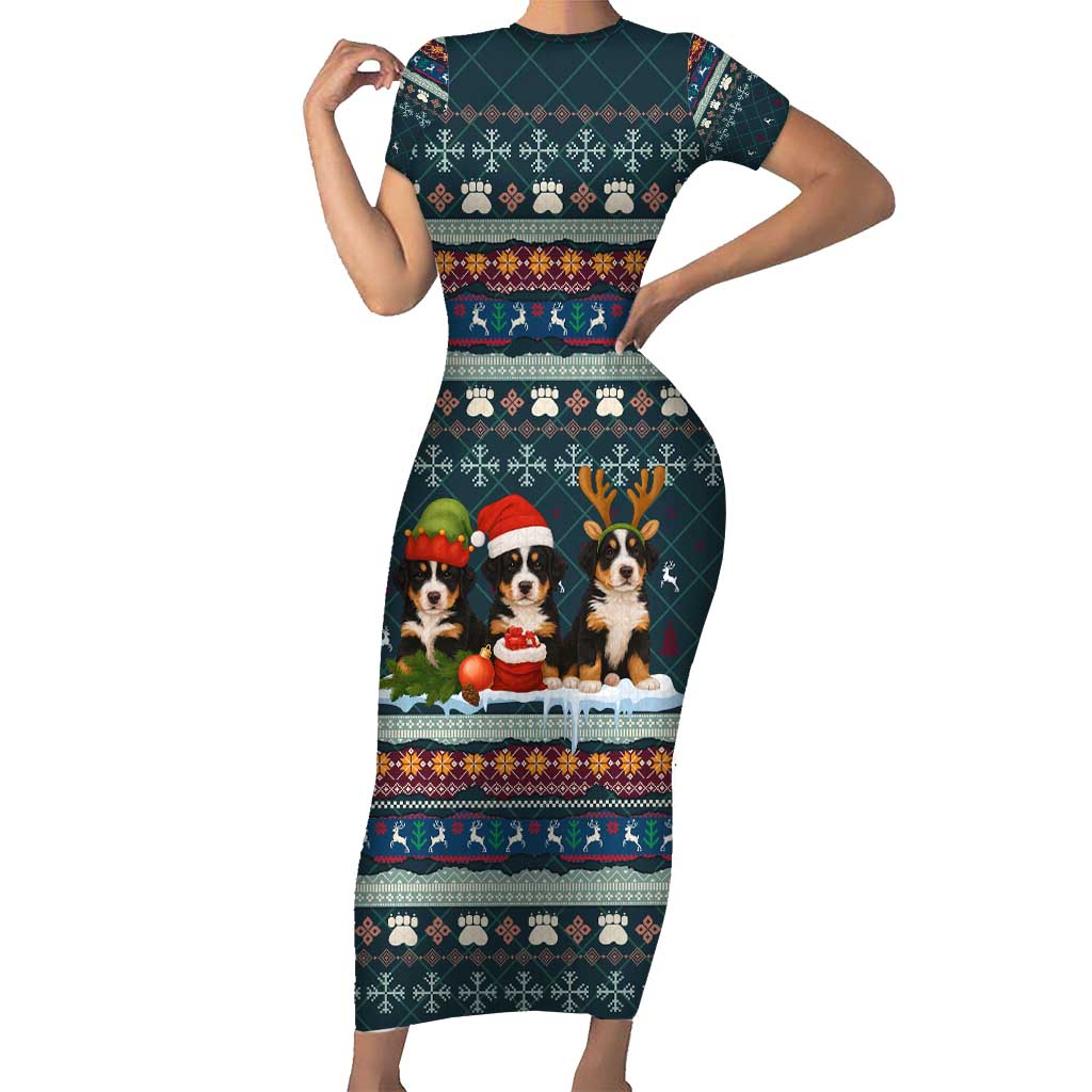 Bernese Mountain Dogs in Holiday Costumes Family Matching Short Sleeve Bodycon Dress and Hawaiian Shirt with Green Snowflake Pattern Design - Wonder Print Shop