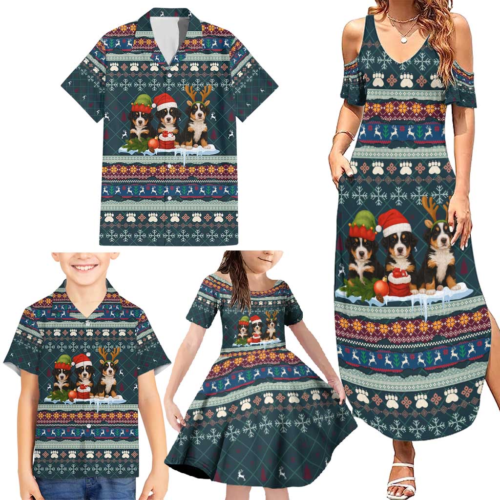 Bernese Mountain Dogs in Holiday Costumes Family Matching Summer Maxi Dress and Hawaiian Shirt with Green Snowflake Pattern Design - Wonder Print Shop