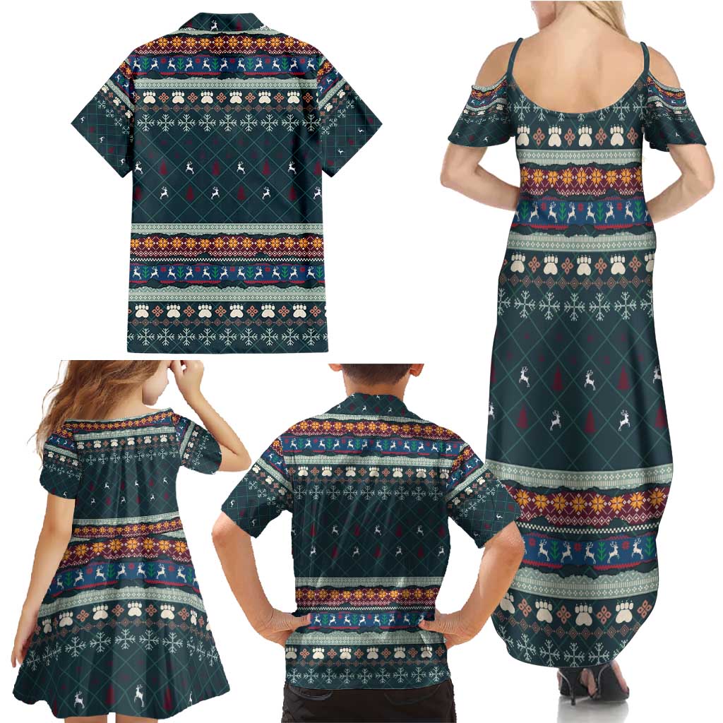 Bernese Mountain Dogs in Holiday Costumes Family Matching Summer Maxi Dress and Hawaiian Shirt with Green Snowflake Pattern Design - Wonder Print Shop