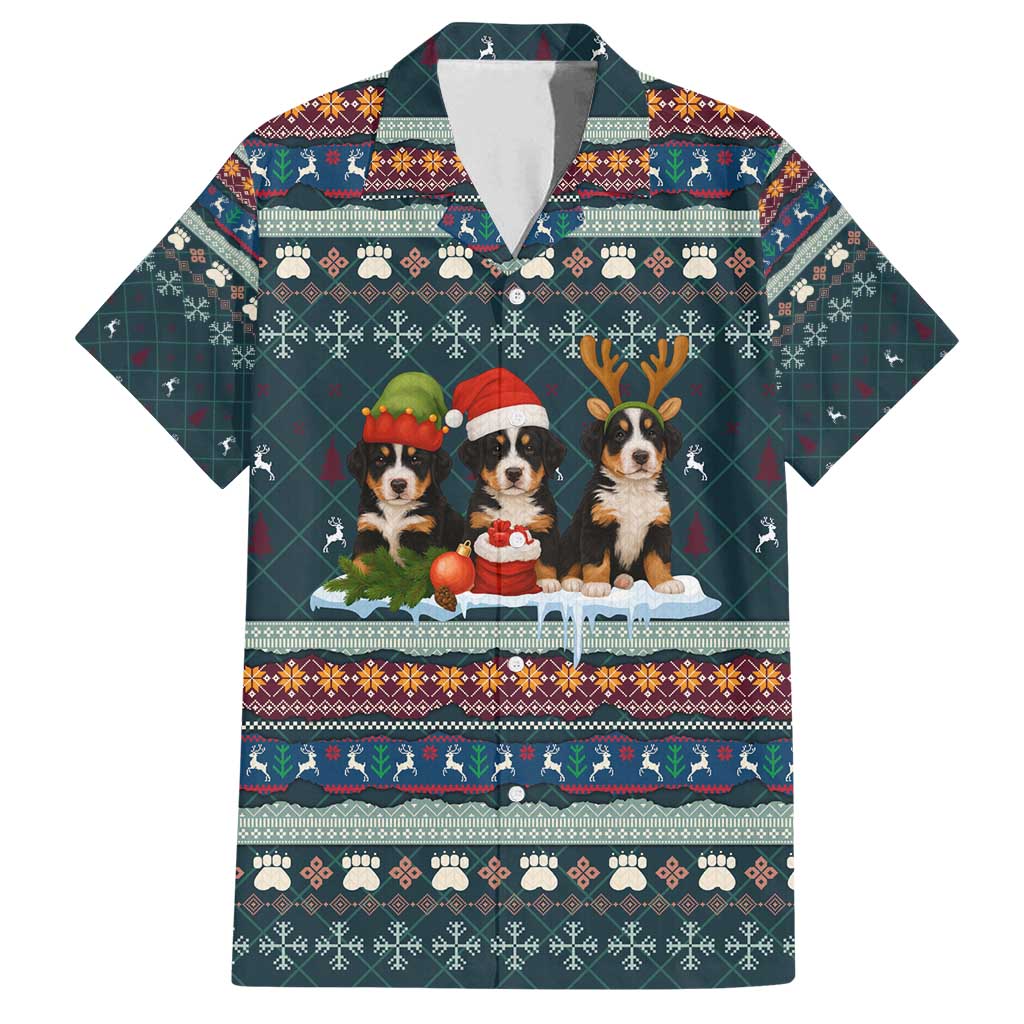 Bernese Mountain Dogs in Holiday Costumes Family Matching Summer Maxi Dress and Hawaiian Shirt with Green Snowflake Pattern Design - Wonder Print Shop