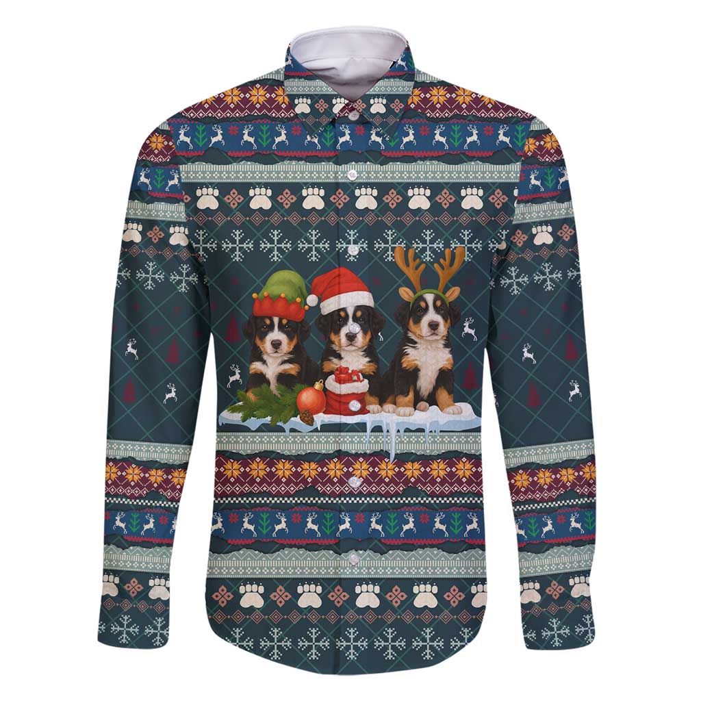 Bernese Mountain Dogs in Holiday Costumes Family Matching Summer Maxi Dress and Hawaiian Shirt with Green Snowflake Pattern Design - Wonder Print Shop