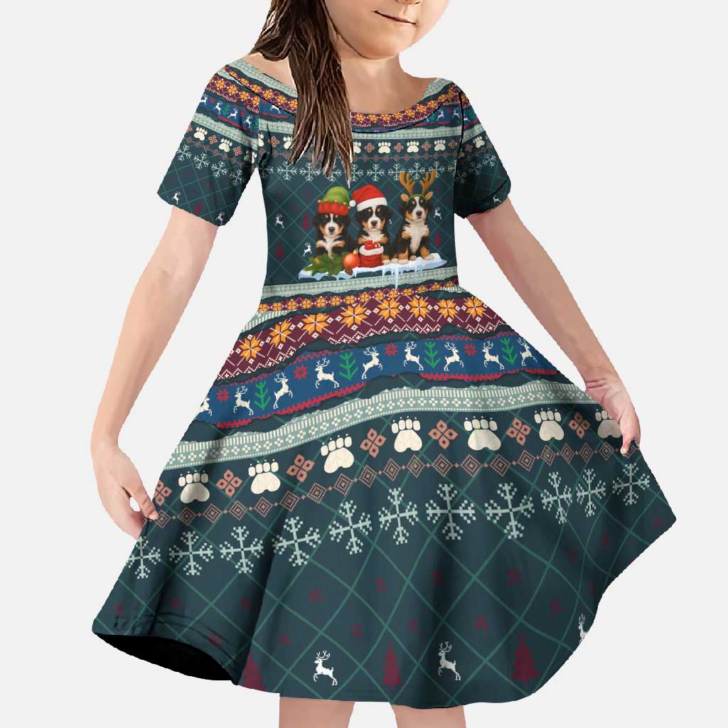 Bernese Mountain Dogs in Holiday Costumes Family Matching Tank Maxi Dress and Hawaiian Shirt with Green Snowflake Pattern Design - Wonder Print Shop