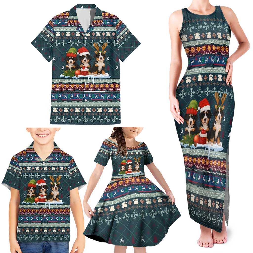 Bernese Mountain Dogs in Holiday Costumes Family Matching Tank Maxi Dress and Hawaiian Shirt with Green Snowflake Pattern Design - Wonder Print Shop