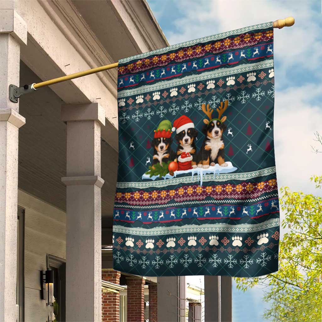 Bernese Mountain Dogs in Holiday Costumes Garden Flag with Green Snowflake Pattern Design - Wonder Print Shop