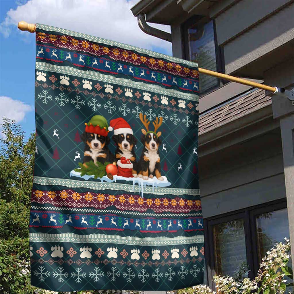 Bernese Mountain Dogs in Holiday Costumes Garden Flag with Green Snowflake Pattern Design - Wonder Print Shop