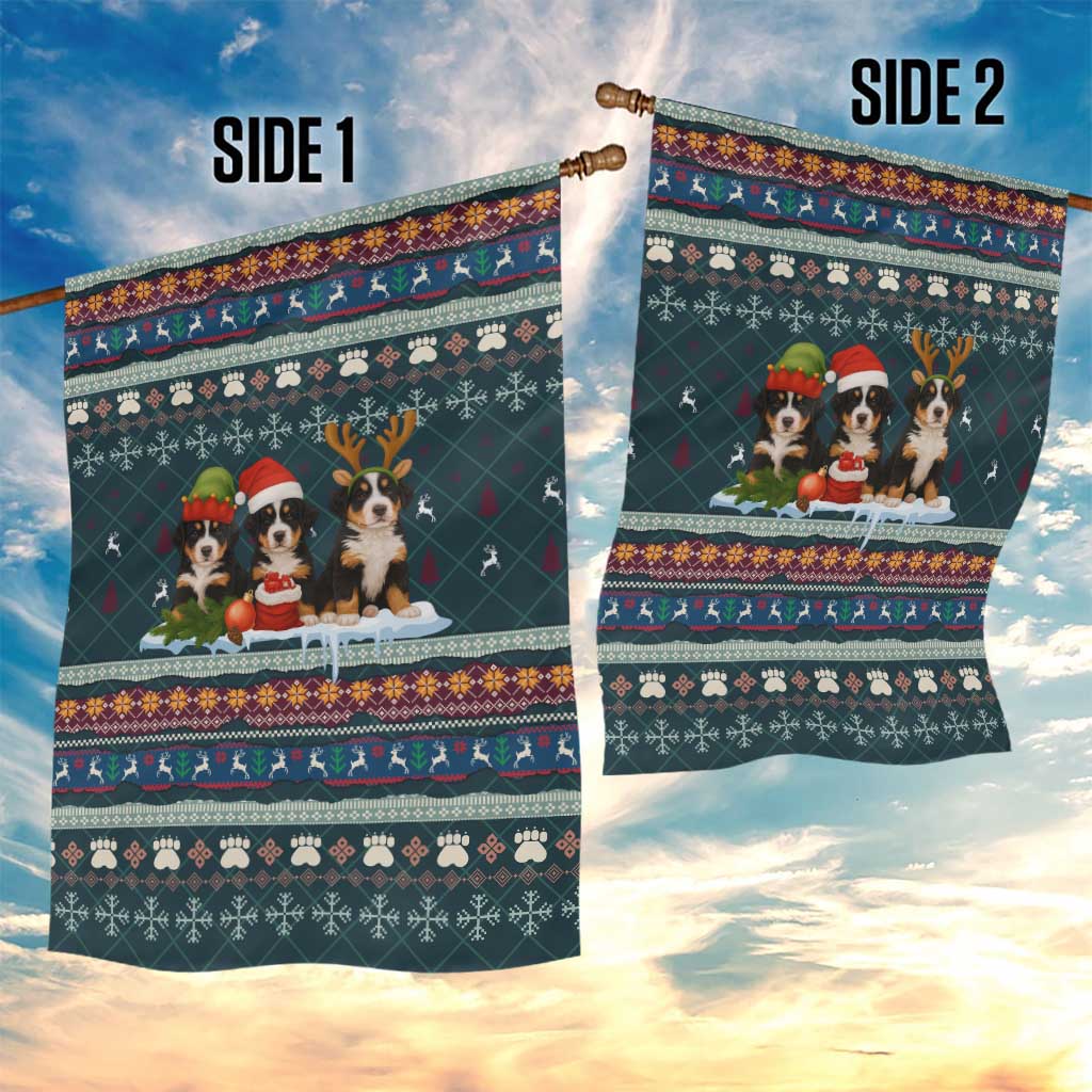 Bernese Mountain Dogs in Holiday Costumes Garden Flag with Green Snowflake Pattern Design - Wonder Print Shop