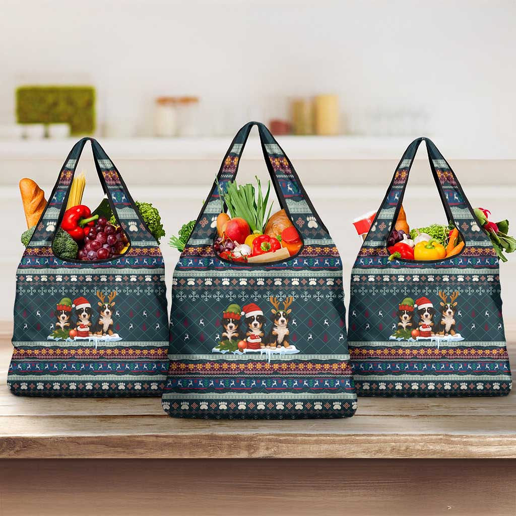 Bernese Mountain Dogs in Holiday Costumes Grocery Bag with Green Snowflake Pattern Design - Wonder Print Shop