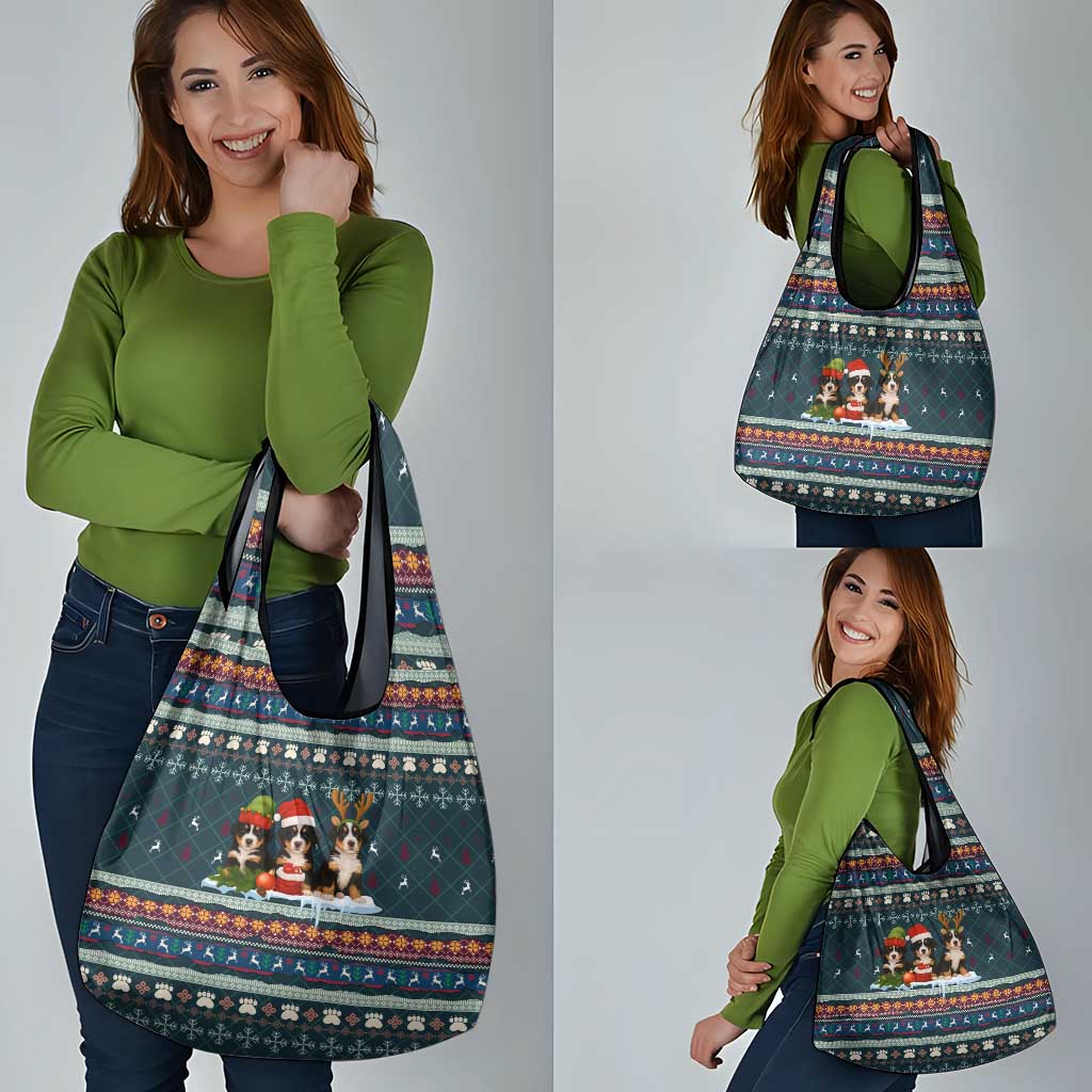 Bernese Mountain Dogs in Holiday Costumes Grocery Bag with Green Snowflake Pattern Design - Wonder Print Shop
