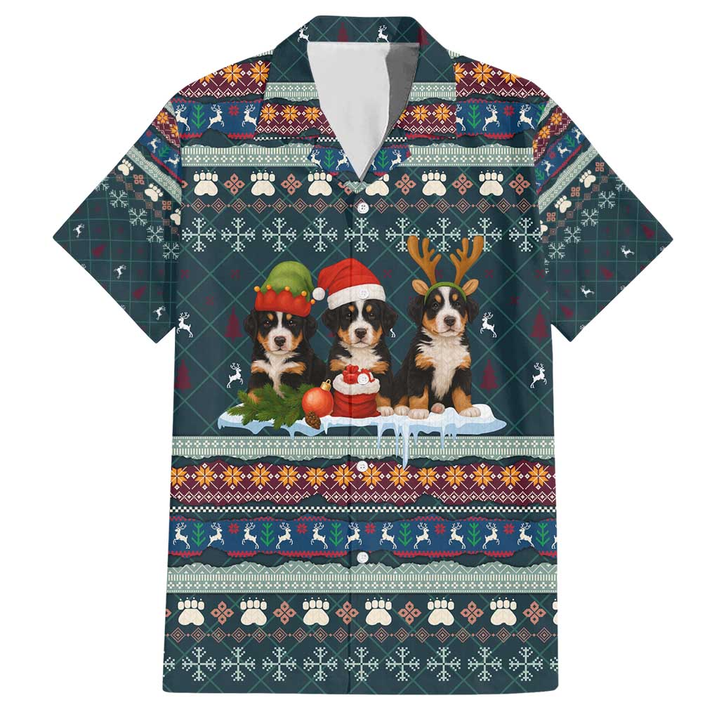 Bernese Mountain Dogs in Holiday Costumes Hawaiian Shirt with Green Snowflake Pattern Design - Wonder Print Shop
