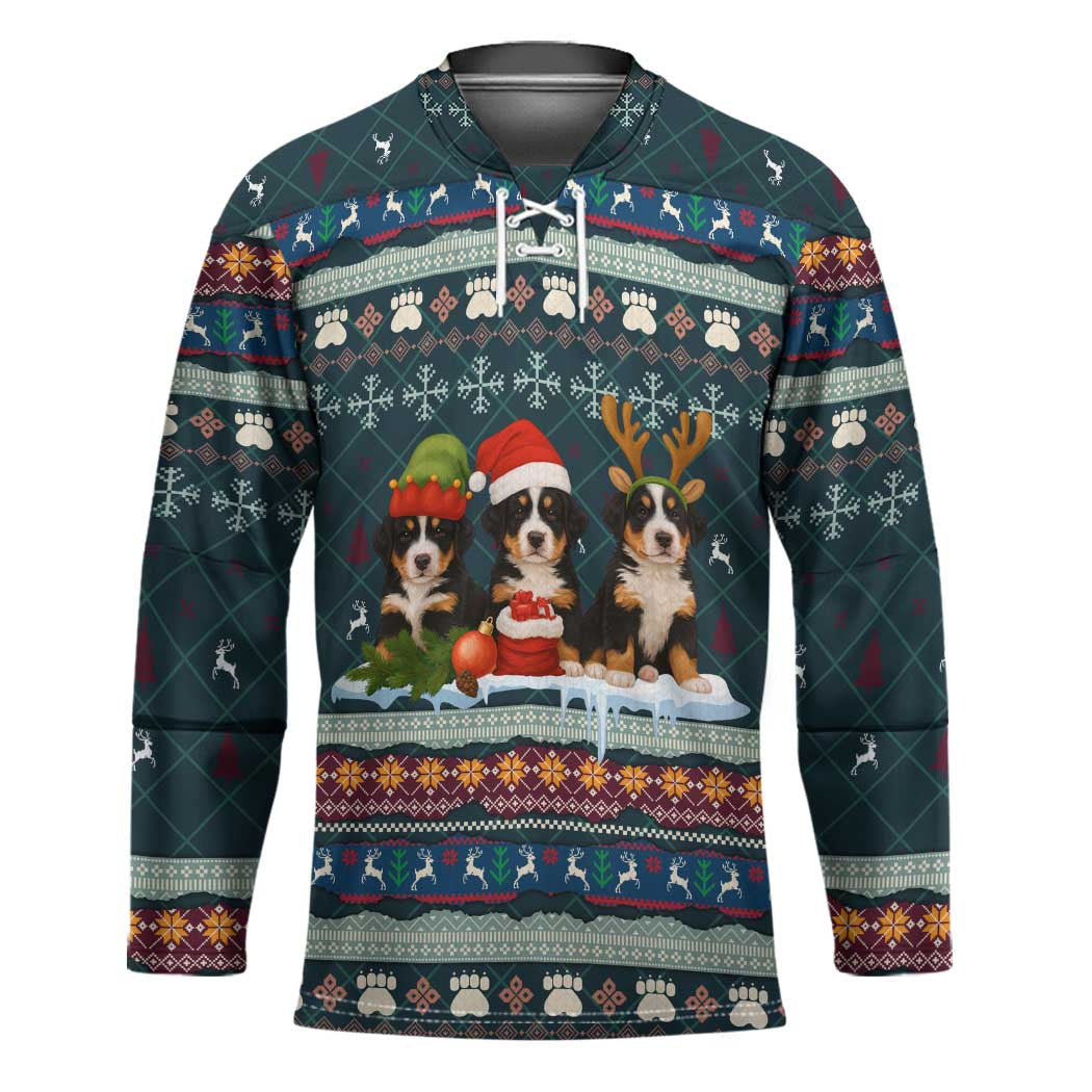 Bernese Mountain Dogs in Holiday Costumes Hockey Jersey with Green Snowflake Pattern Design - Wonder Print Shop