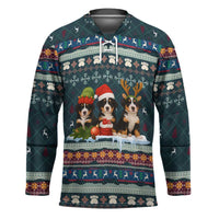 Bernese Mountain Dogs in Holiday Costumes Hockey Jersey with Green Snowflake Pattern Design - Wonder Print Shop