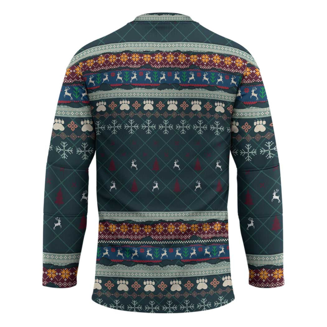 Bernese Mountain Dogs in Holiday Costumes Hockey Jersey with Green Snowflake Pattern Design - Wonder Print Shop