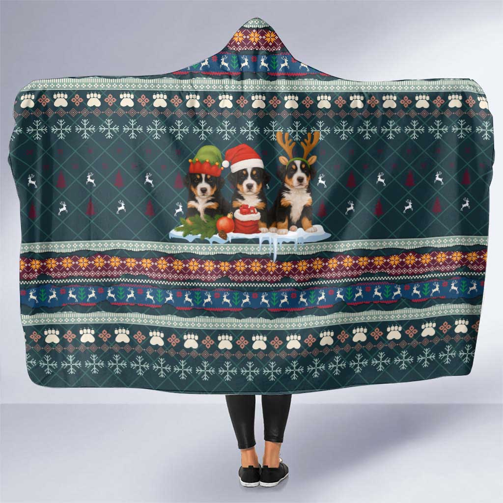 Bernese Mountain Dogs in Holiday Costumes Hooded Blanket with Green Snowflake Pattern Design - Wonder Print Shop