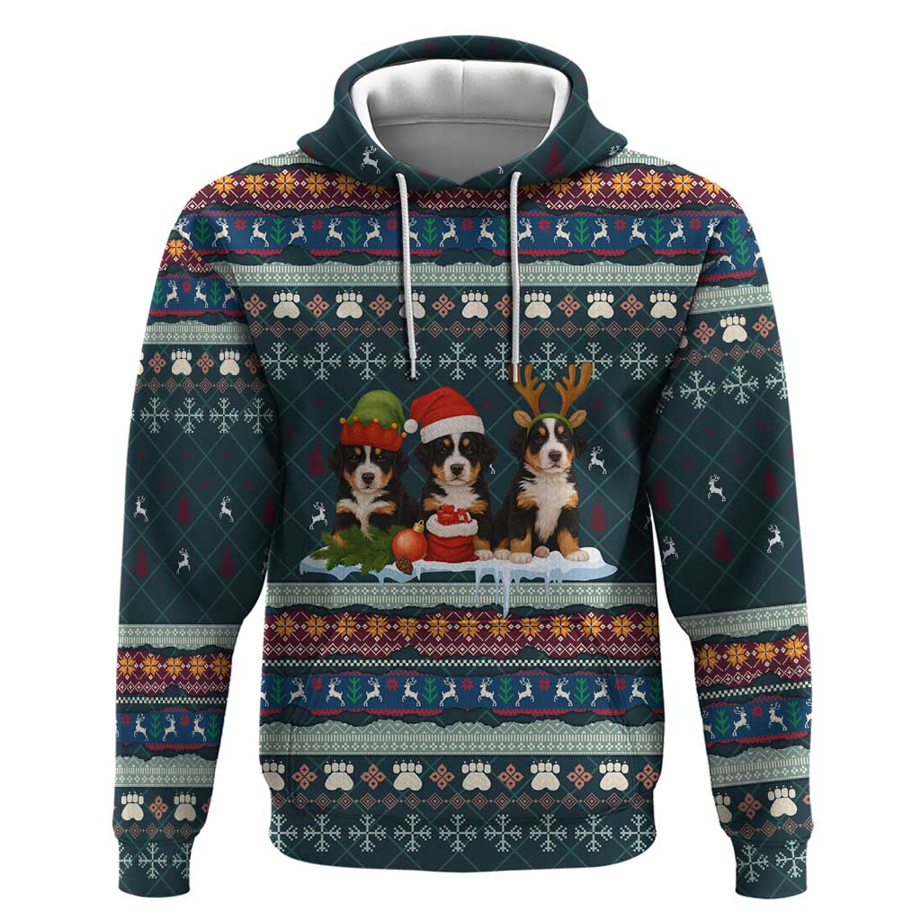 Bernese Mountain Dogs in Holiday Costumes Hoodie with Green Snowflake Pattern Design - Wonder Print Shop
