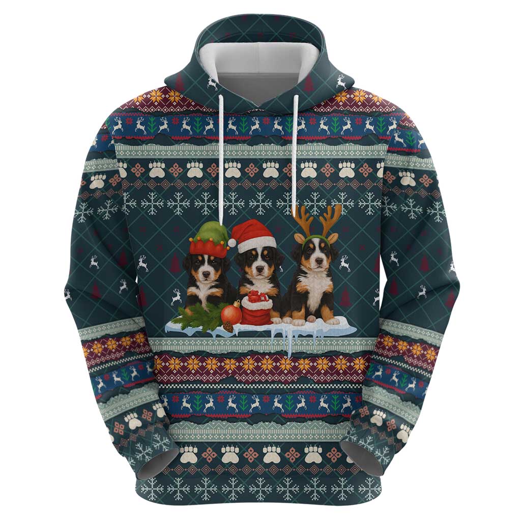 Bernese Mountain Dogs in Holiday Costumes Hoodie with Green Snowflake Pattern Design - Wonder Print Shop