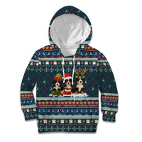 Bernese Mountain Dogs in Holiday Costumes Kid Hoodie with Green Snowflake Pattern Design - Wonder Print Shop