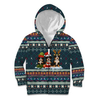 Bernese Mountain Dogs in Holiday Costumes Kid Hoodie with Green Snowflake Pattern Design - Wonder Print Shop