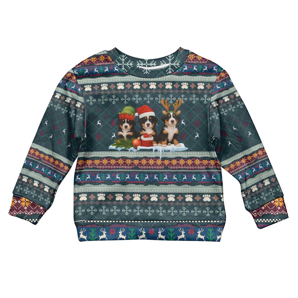 Bernese Mountain Dogs in Holiday Costumes Kid Ugly Christmas Sweater with Green Snowflake Pattern Design - Wonder Print Shop