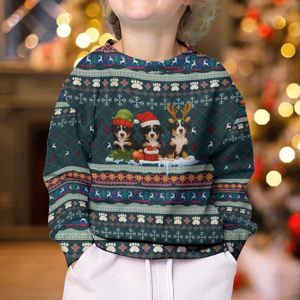 Bernese Mountain Dogs in Holiday Costumes Kid Ugly Christmas Sweater with Green Snowflake Pattern Design - Wonder Print Shop