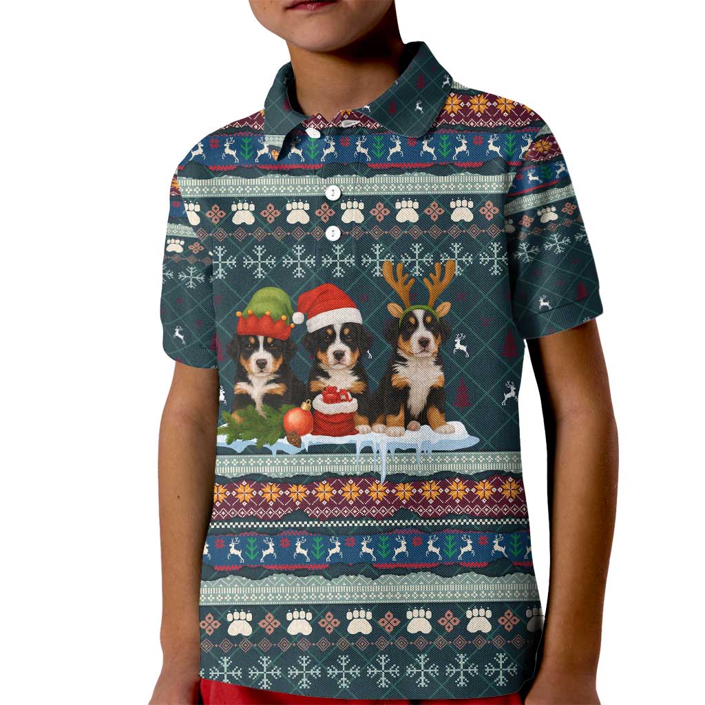 Bernese Mountain Dogs in Holiday Costumes Kid Polo Shirt with Green Snowflake Pattern Design - Wonder Print Shop