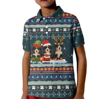 Bernese Mountain Dogs in Holiday Costumes Kid Polo Shirt with Green Snowflake Pattern Design - Wonder Print Shop