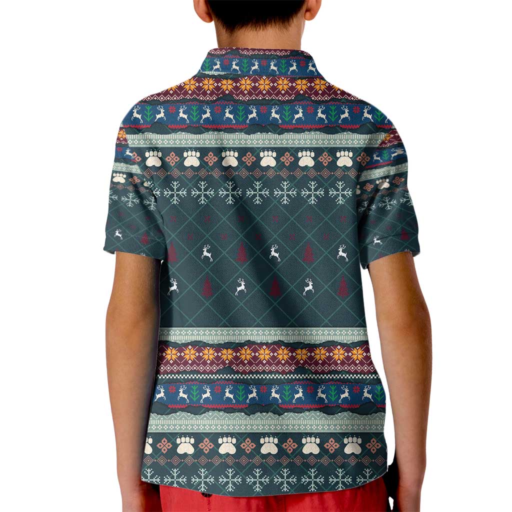 Bernese Mountain Dogs in Holiday Costumes Kid Polo Shirt with Green Snowflake Pattern Design - Wonder Print Shop