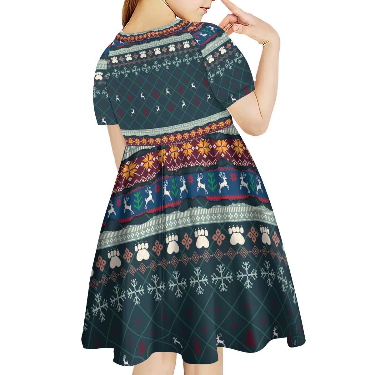 Bernese Mountain Dogs in Holiday Costumes Kid Short Sleeve Dress with Green Snowflake Pattern Design - Wonder Print Shop