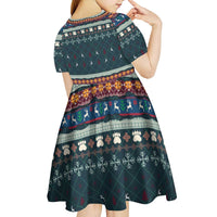 Bernese Mountain Dogs in Holiday Costumes Kid Short Sleeve Dress with Green Snowflake Pattern Design - Wonder Print Shop