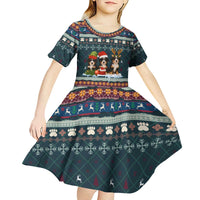 Bernese Mountain Dogs in Holiday Costumes Kid Short Sleeve Dress with Green Snowflake Pattern Design - Wonder Print Shop