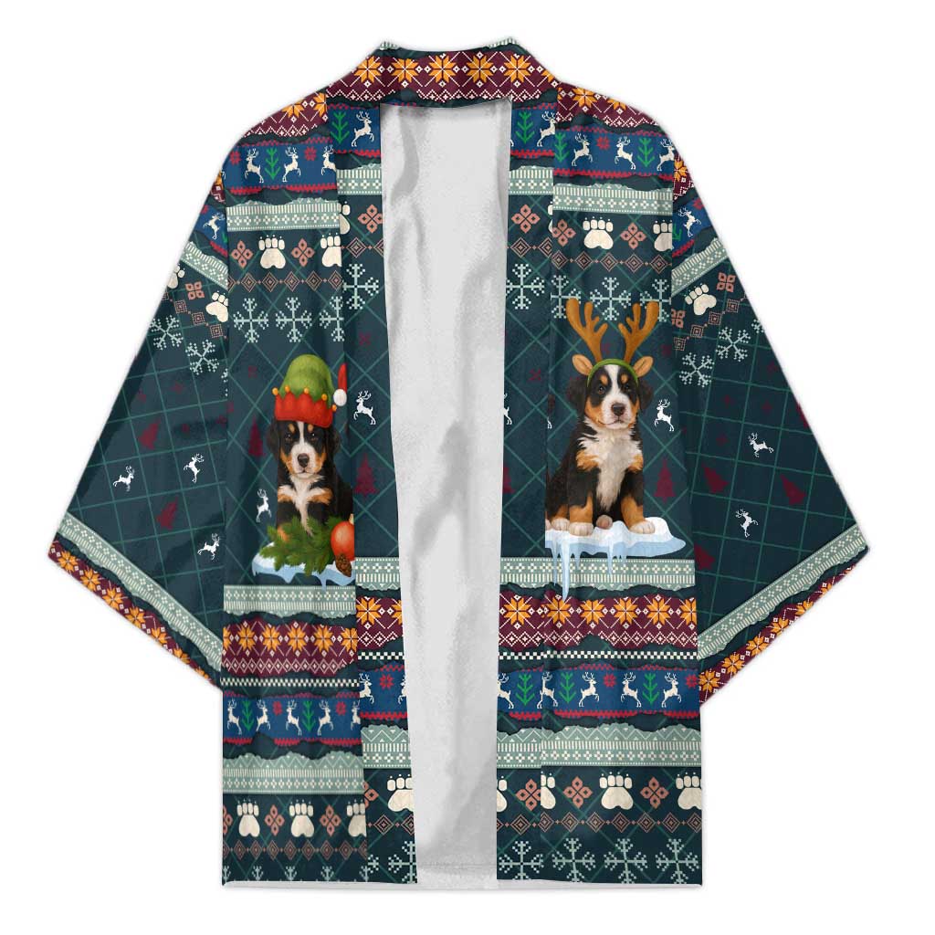 Bernese Mountain Dogs in Holiday Costumes Kimono with Green Snowflake Pattern Design - Wonder Print Shop