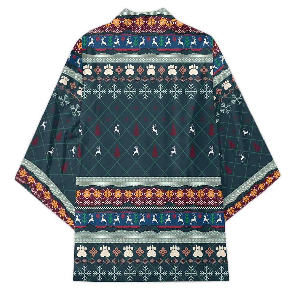 Bernese Mountain Dogs in Holiday Costumes Kimono with Green Snowflake Pattern Design - Wonder Print Shop